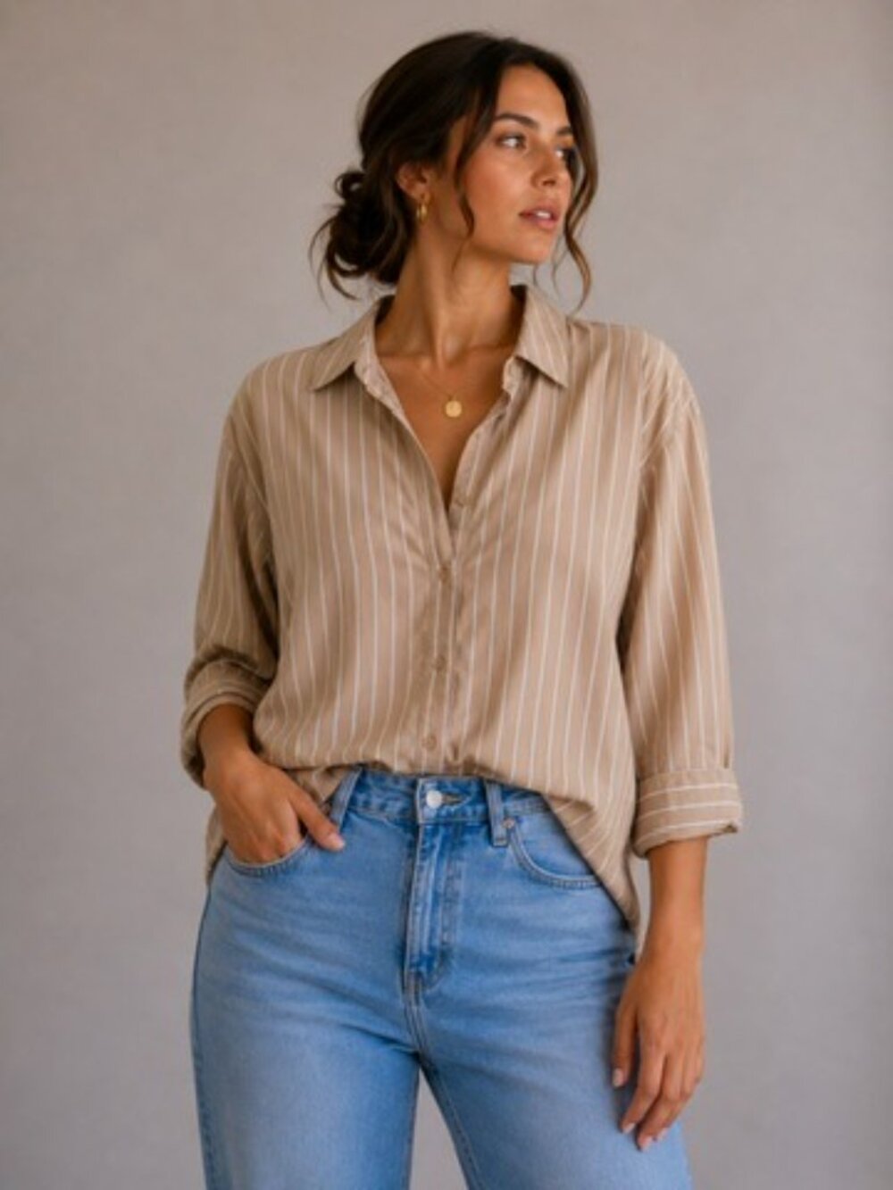 Cleo Petites Beige Stripe Button-Up Blouse Size L